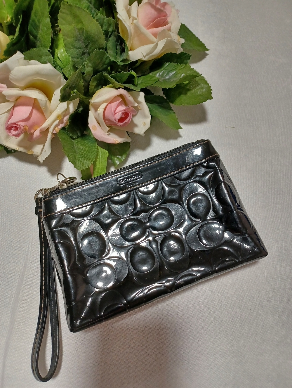 Coach Black Patent Leather Embossed Signature Wristlet